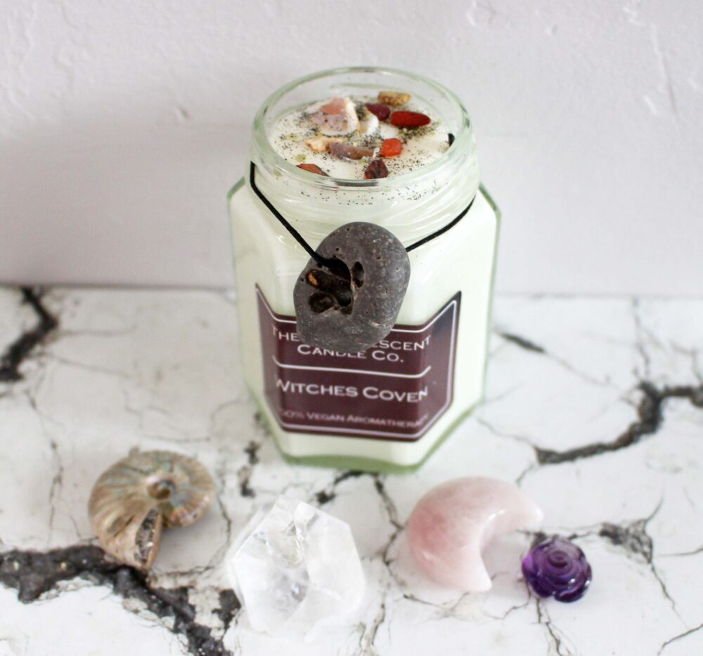 LunarescentWax Witches Coven Glass Jar Candle with Hagstone