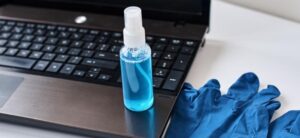 gloves sanitizer and computer
