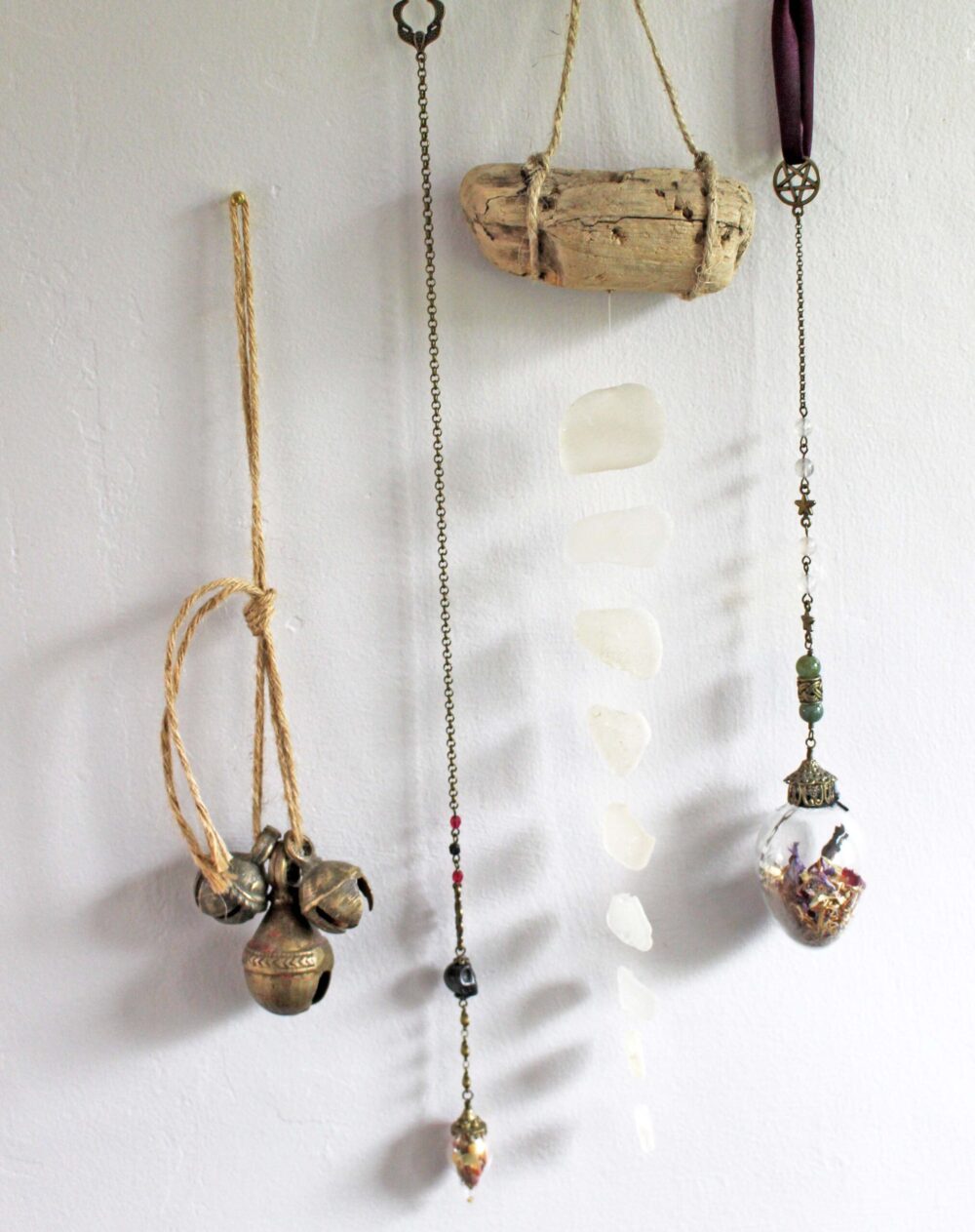 wind chime made from sea glass and driftwood