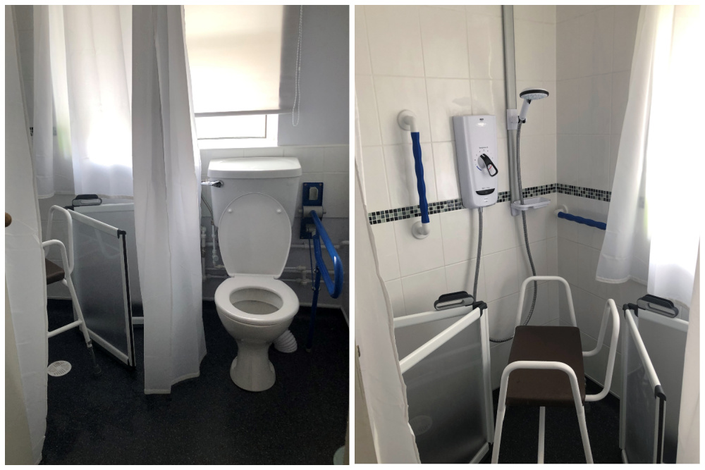 two images of a wetroom, left side shows the toilet and drop down rail, right shows the walk in shower area with shower stool
