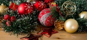 Christmas decorations baubles pinecones and tinsel