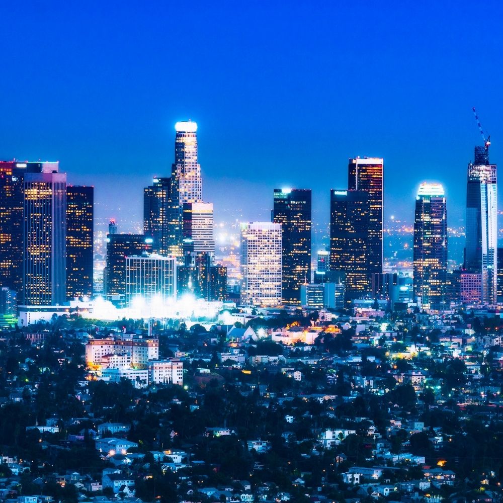 scenic view of Los Angeles skyscrapers at night California usa