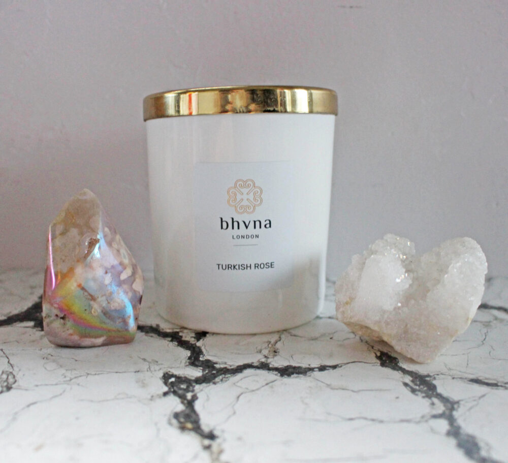 bhvna london luxury candle white glass container with gold coloured metal top