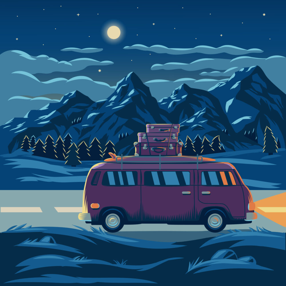 Vector illustration of a mountain landscape with the car in the foreground