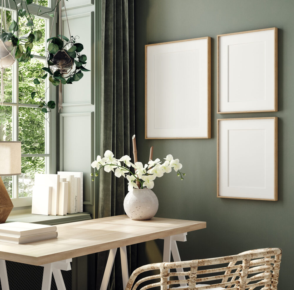 Cozy workplace interior at home with frame mockup, 3d render