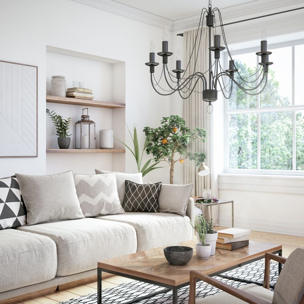 cosy living room area with sofa shelves table and rug