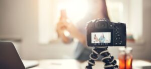 video camera set up on a tripod