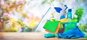 selection of cleaning products with a flowery backdrop
