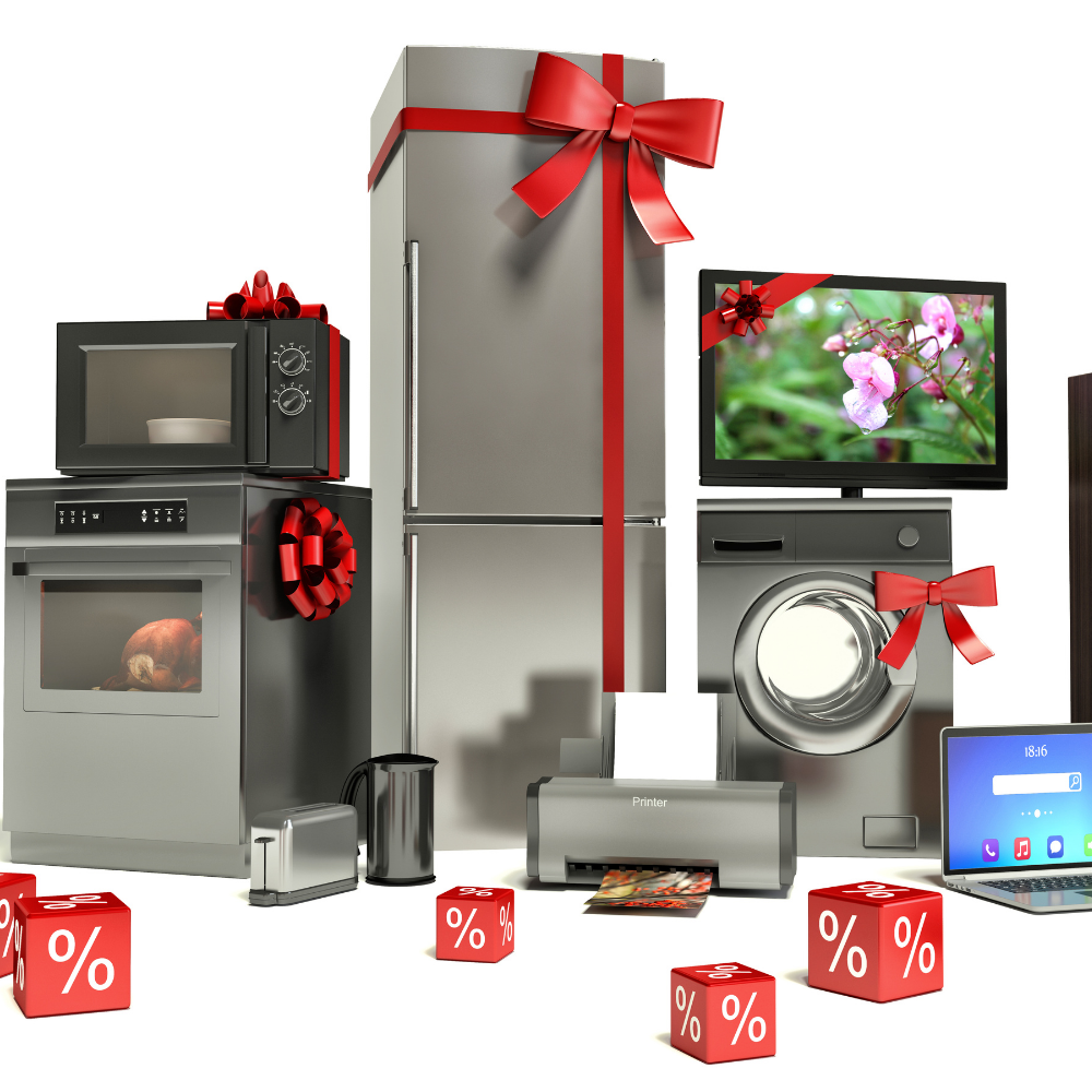 selection of home appliances tied up with red bows