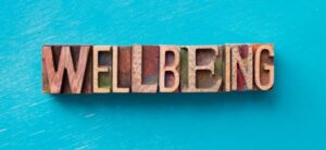the word wellbeing on a blue background