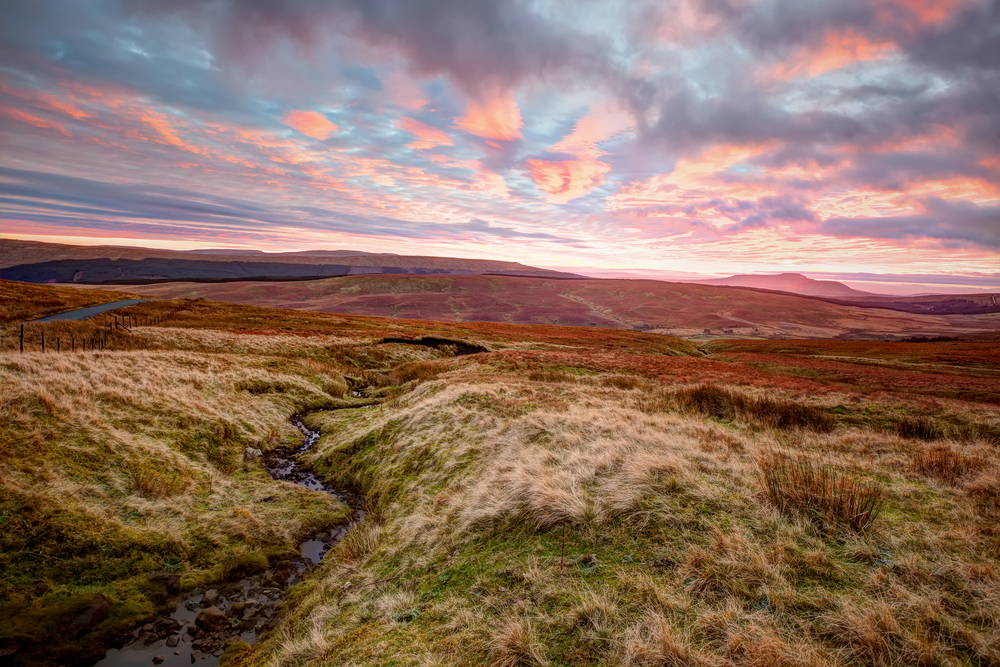 Sunset view across moorland to the Pennines in the Yorkshire Dales. The distinctive, plateaued peak of Ingleborough, one of the famous three peaks, can be seen on the horizon.
