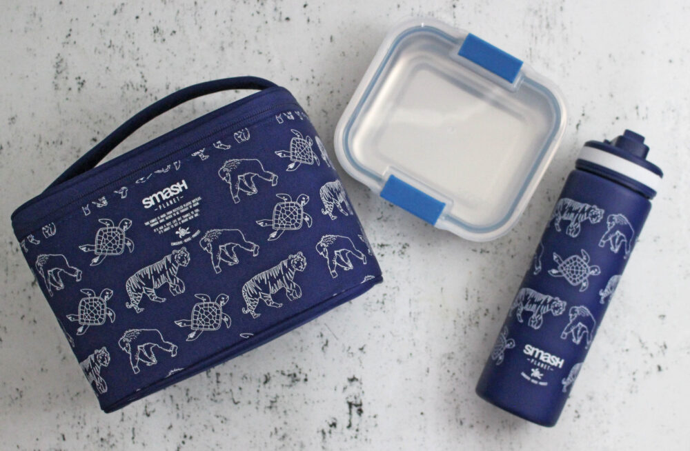 Smash Animal Lunch Bag and Stainless Steel Bottle and Smash Blue Stainless Steel Meal Box without labels