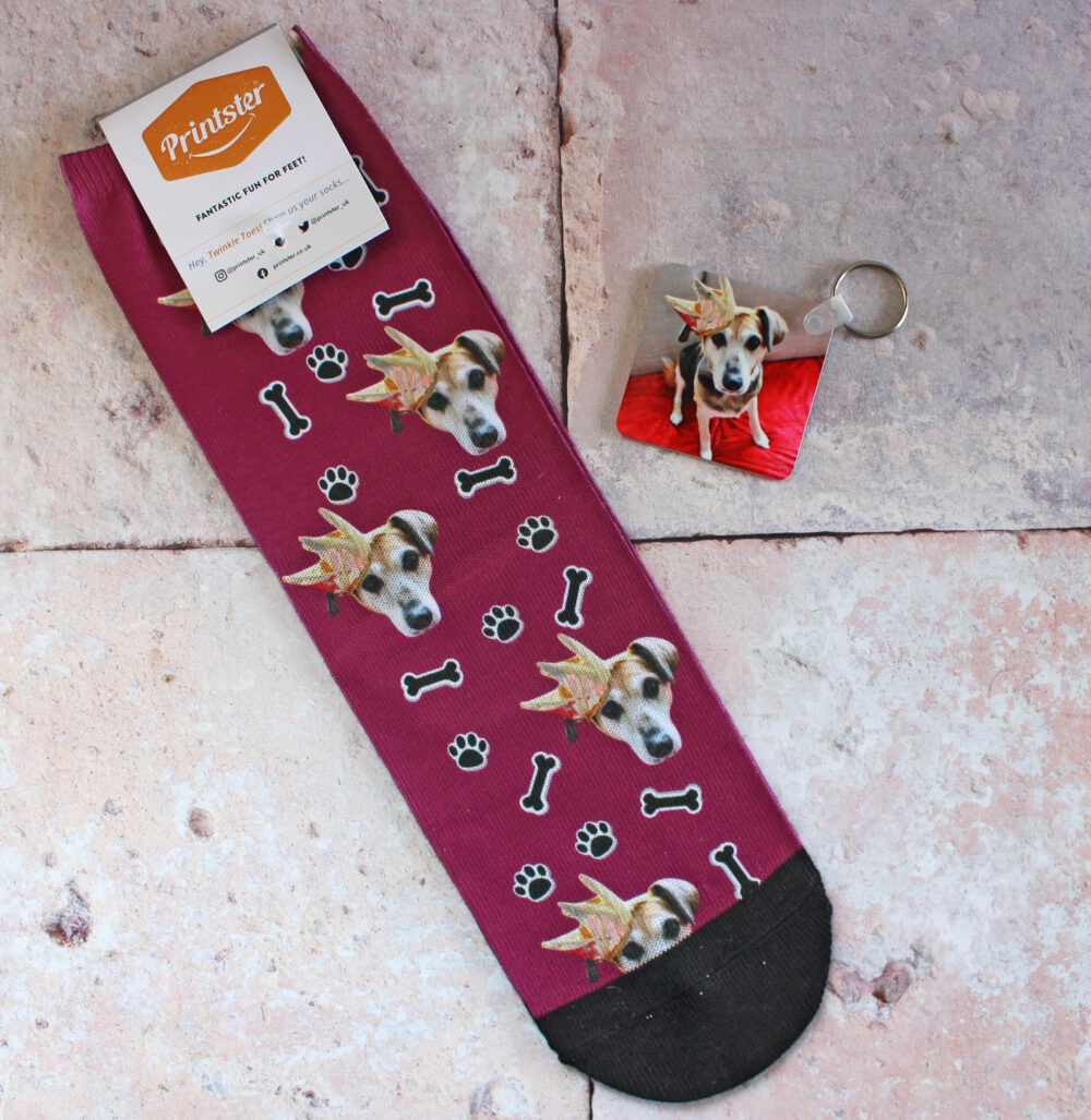 Printster Socks and Key Ring both showing a dog wearing a crown