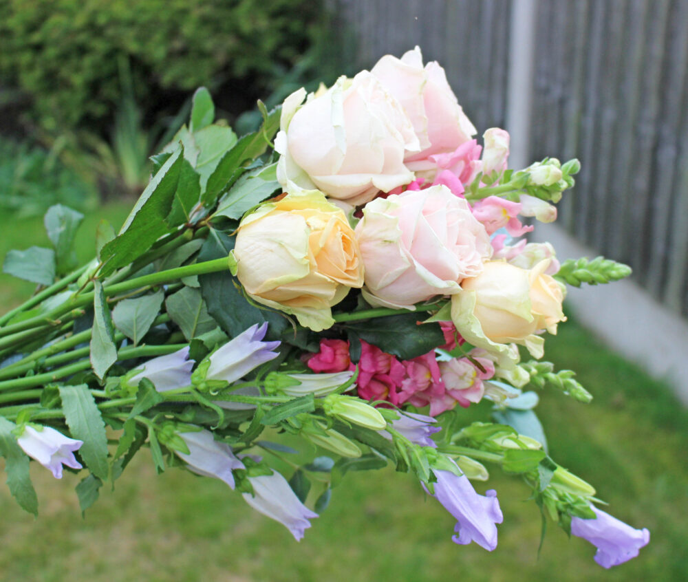 The Freja Premium Steams from LOV Flowers Peach Avalanche Roses, Pink Sweet Avalanche Roses, lavender campanulas, pink snapdragons and fragrant eucalyptus