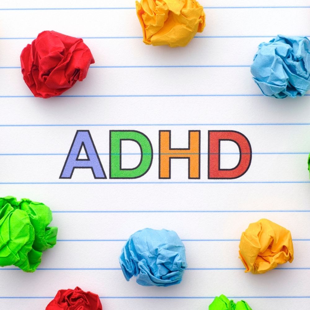 ADHD written in colourful lettering