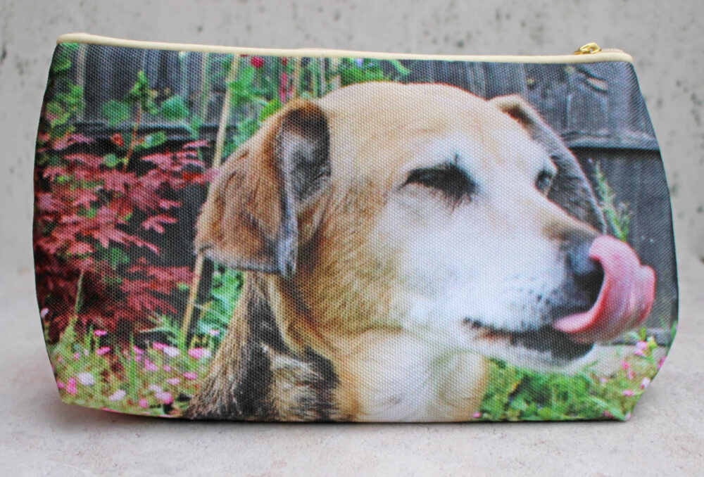 ASDA Photo Personalised Wash Bag Featuring Sally a dog with her face slightly side on and tongue out
