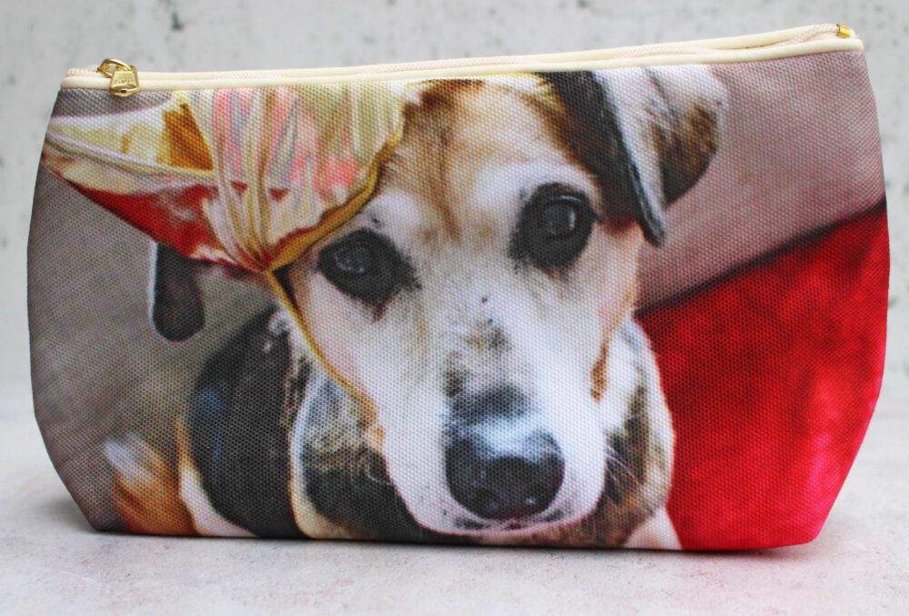 ASDA Photo Personalised Wash Bag Featuring Sally a dog with her face forward and wearing a gold crown