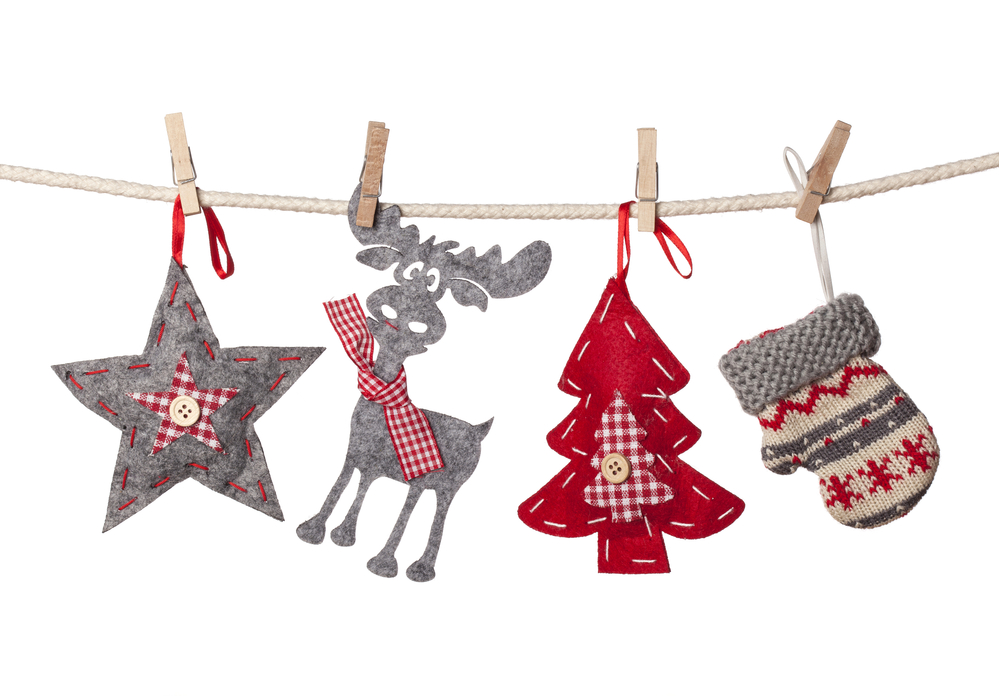 Christmas decorations hanging isolated on white background