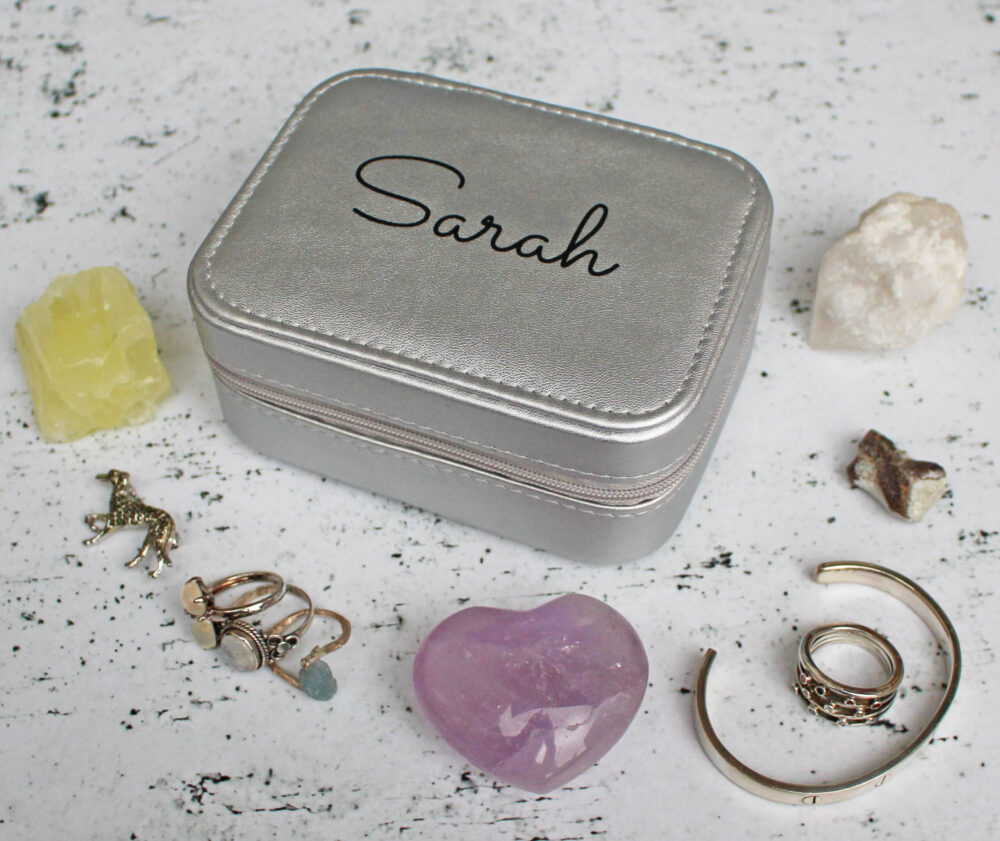 Treat Republic - Personalised Silver Travel Jewellery Case Closed with name Sarah ontop in black