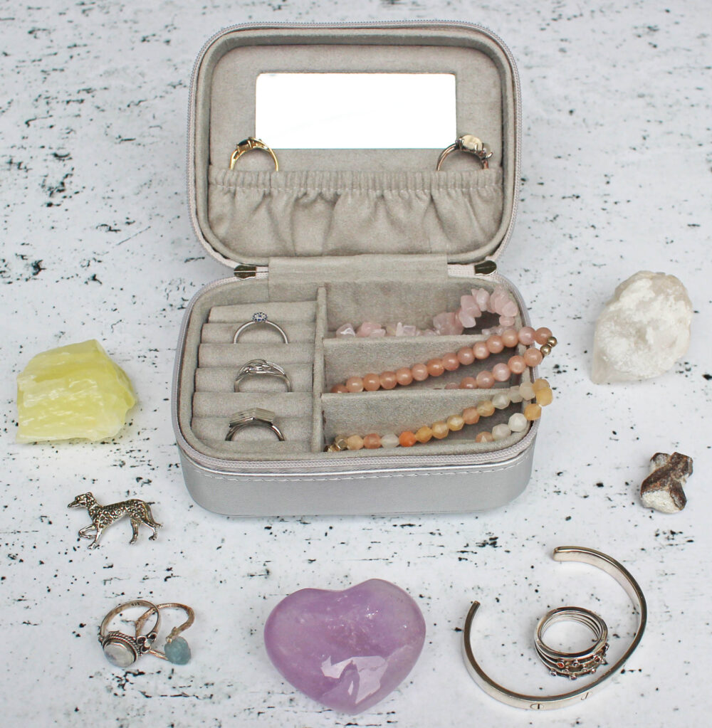 Treat Republic - Personalised Silver Travel Jewellery Case Open with Jewellery in