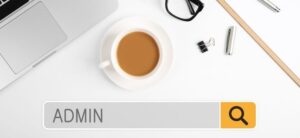 the word admin in a bar with coffee computer and stationery above