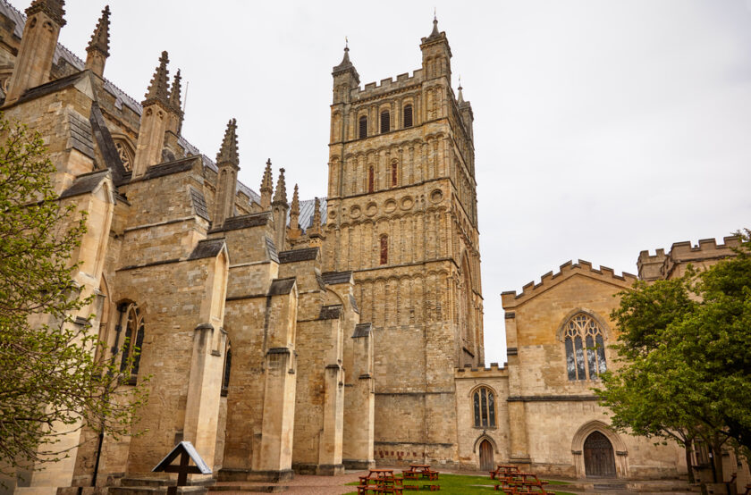 The south tower and wall of Exeter Cathedral reinforced by the flying buttresses. Exeter. Devon. England