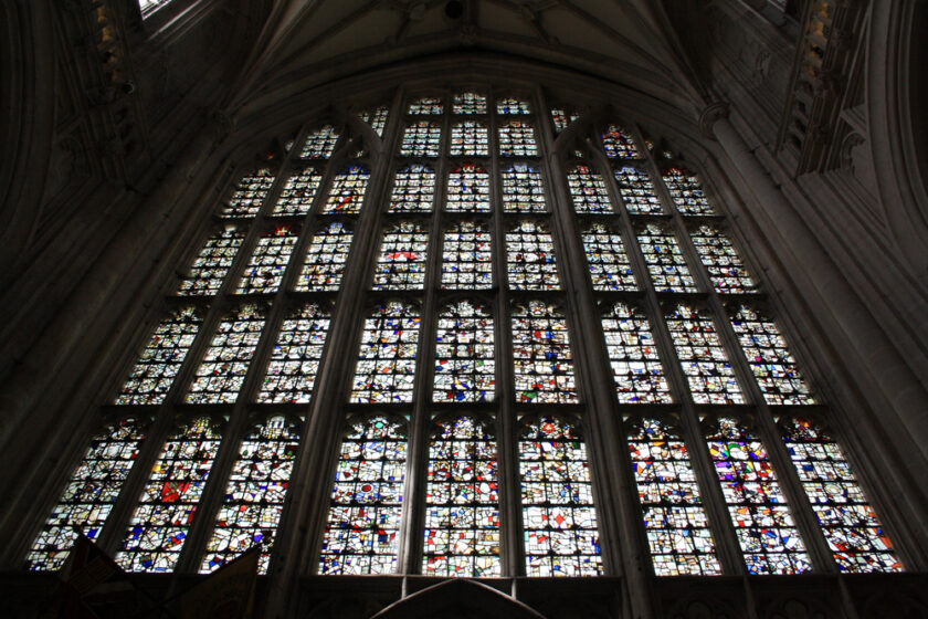 View of one the Winchester Cathedral's stained glass windows.