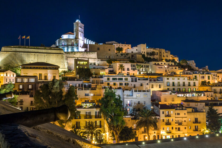 Old town Ibiza on the hill. Houses, fortress and cathedral night scene. Eivissa island, Spain.