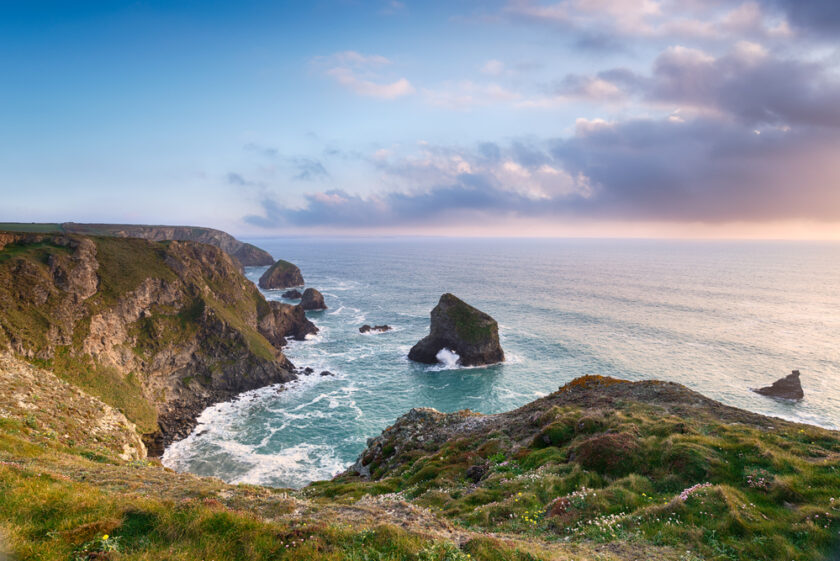 Cornish clifftops at Pentire Steps and looking out at the neighbouring sea stacks at Bedruthan