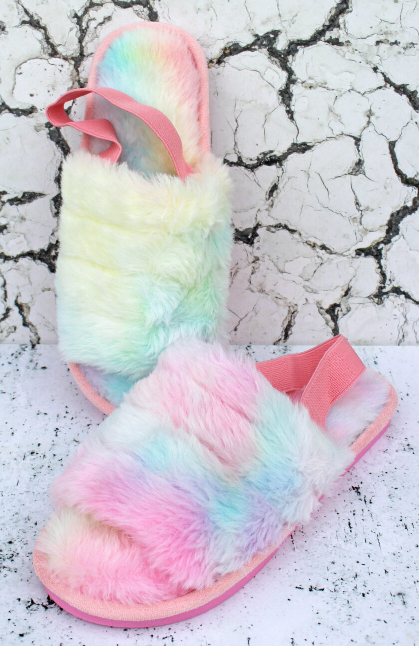 Multi coloured sling back faux fur slippers from XY London