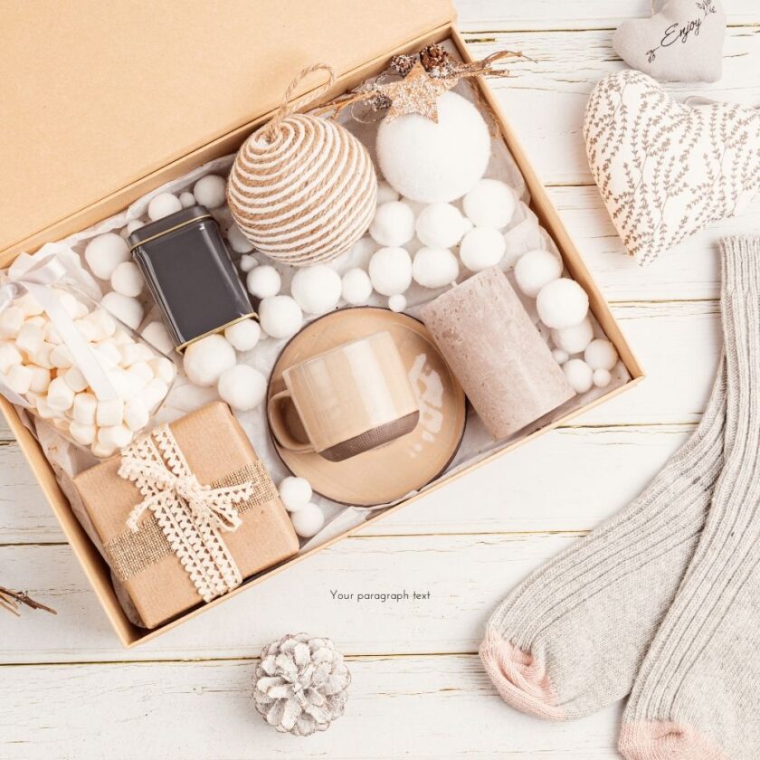 care package idea with socks mug tea and small gifts
