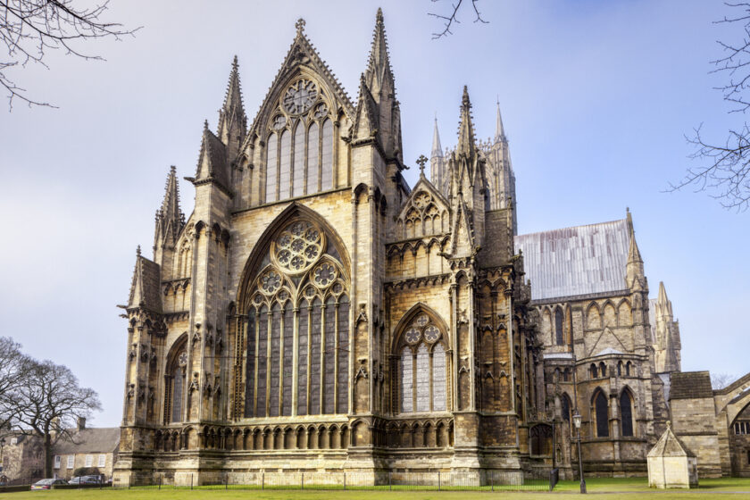 East front of Lincoln Cathedral, Lincolnshire, England, UK, on a sunny winter day.
