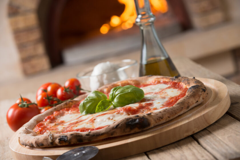 Wood oven baked italian pizza margherita