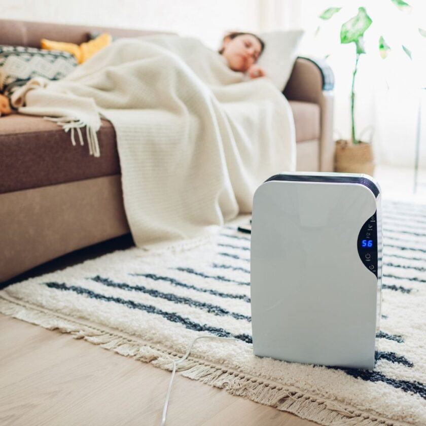dehumidifier sat in a room with women asleep in background 