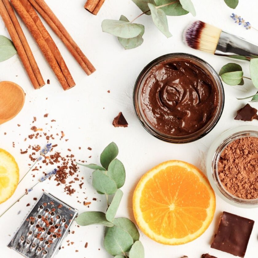 selection of skincare items used to make a chocolate facemask