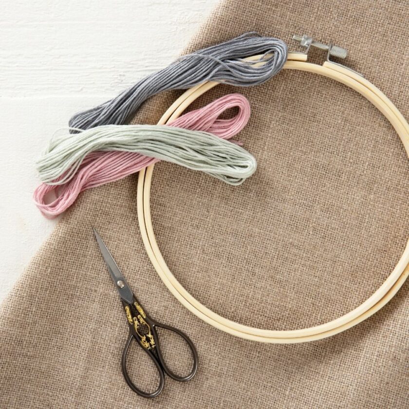 Embroidery flat lay with scissors hoop and threads