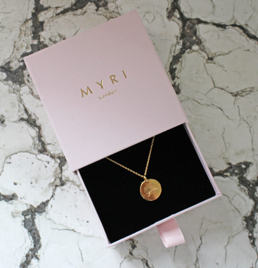 MYRI London Birth Flower Personalised Necklace inside Pink Packaging