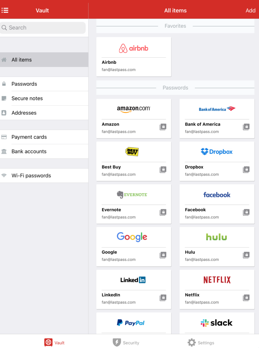 LastPass Tablet Vault View