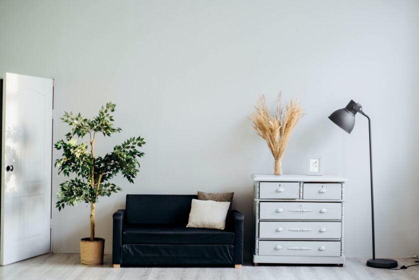 dresser sat beside a sofa
