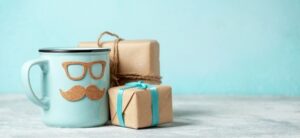 blue mug with glasses and moustache and presents