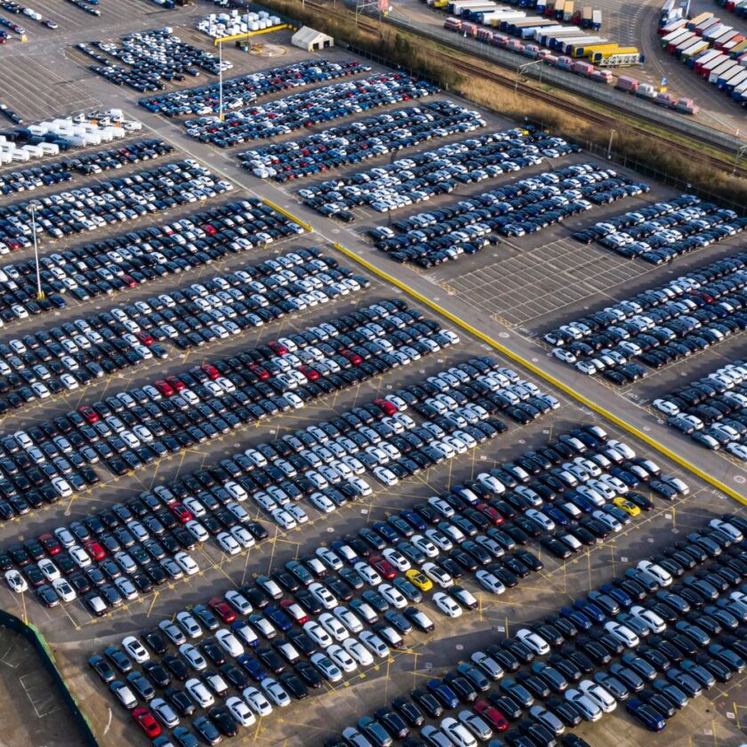 aerial view of cars ready to be shipped