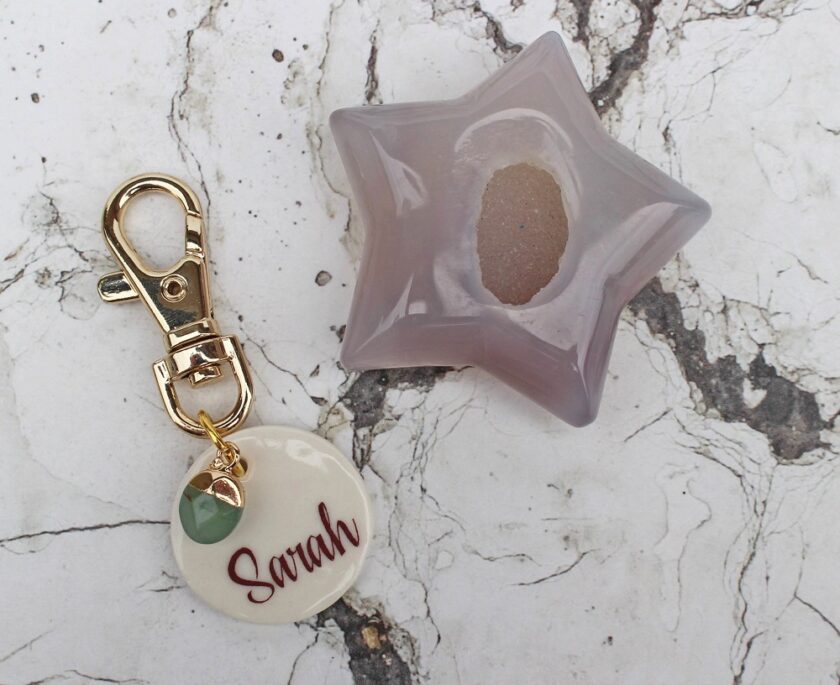 Personalised Key Ring with Calming Green Aventurine Crystal with the name Sarah