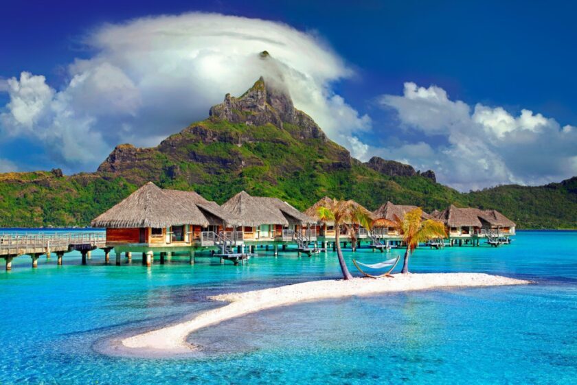 holiday huts stretching out into the sea in French Polynesia