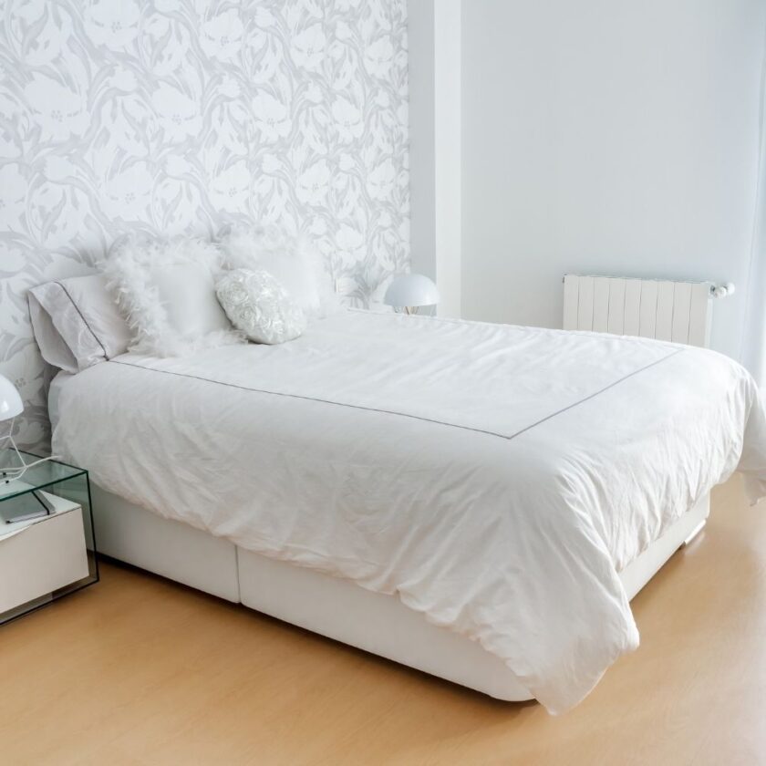 white bedroom with lots of light