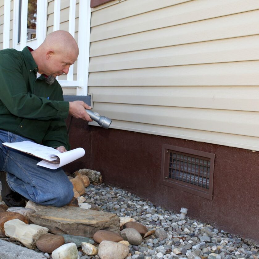 home inspector looking at the foundations of a home
