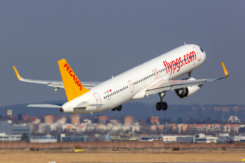 Stuttgart, Germany - March 4, 2022: Pegasus Airbus A321neo airplane at Stuttgart airport (STR) in Germany.