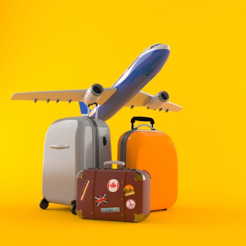 airplane with luggage against yellow background