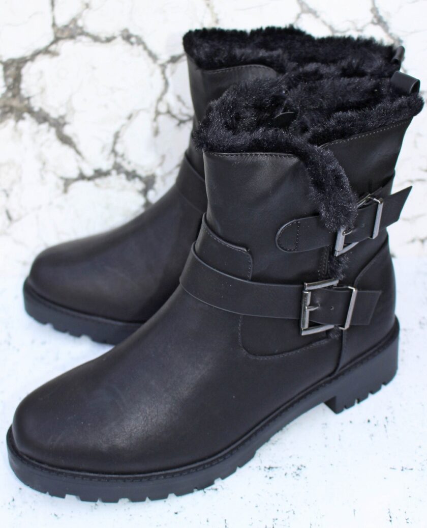Black Faux Fur Biker Boots In Wide E Fit Extra Wide EEE Fit
