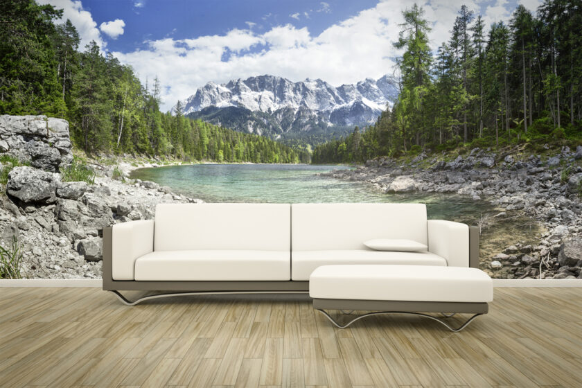 3D rendering of a sofa in front of a photo wall mural Eibsee Zugspitze
