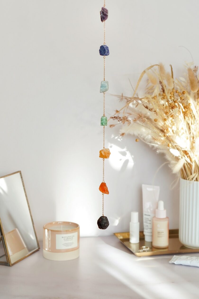 7 Chakras Raw Crystal Window Hanging - Gold Tone